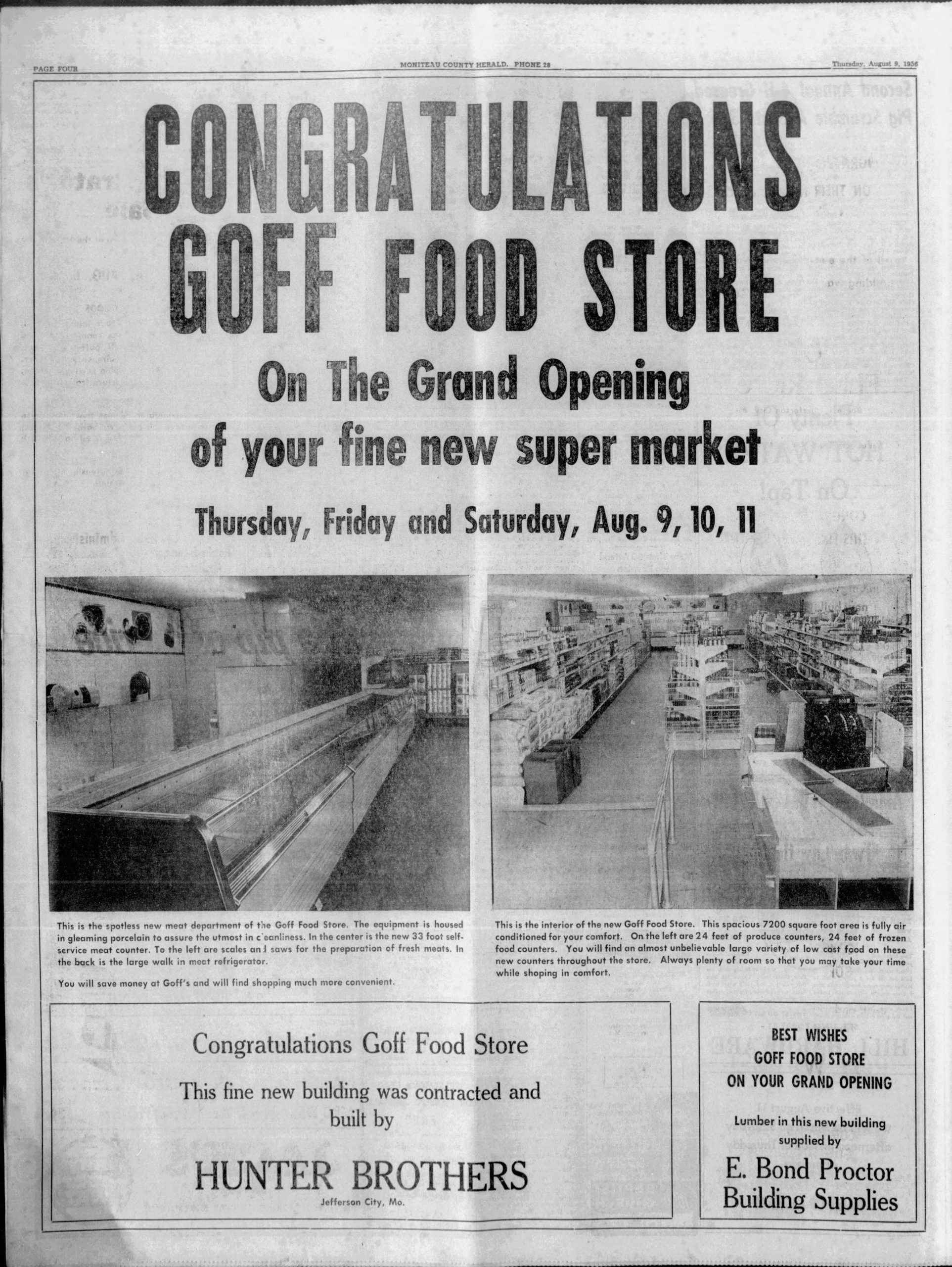 Newspaper advertising opening of Goff Food Store